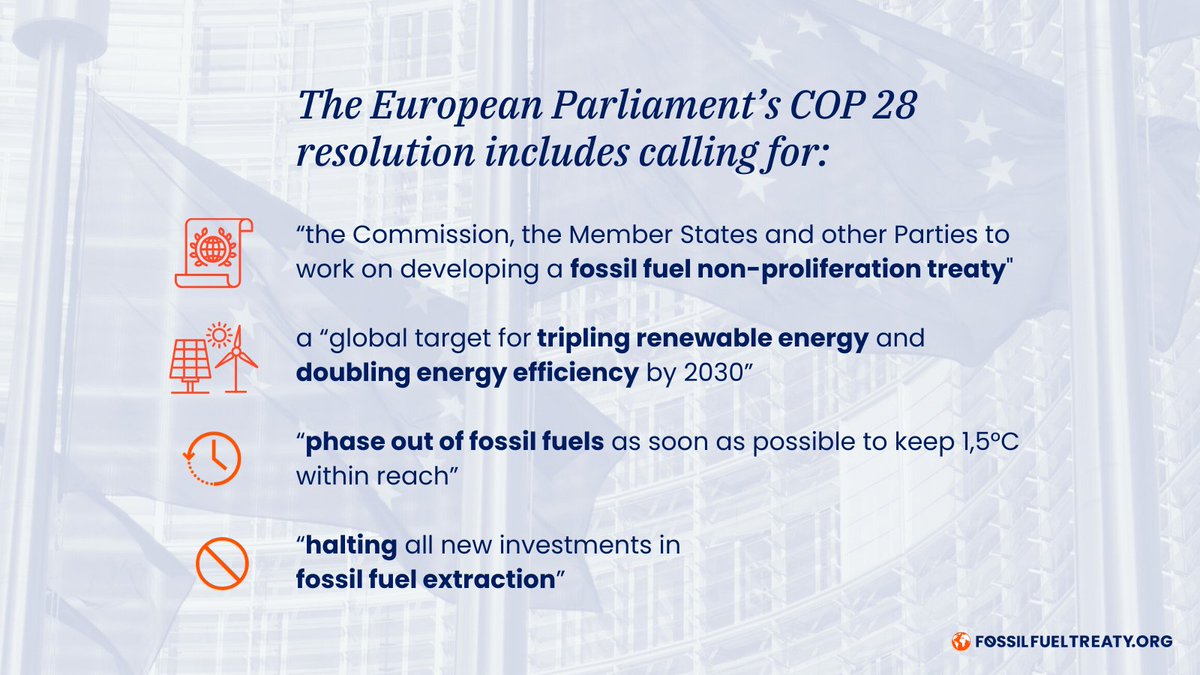 The European Parliament just set their demands for #COP28 which include: 🤝Develop a #FossilFuelTreaty 🛢️#EndFossilFuels “as soon as possible” ❌ halt all new investments in fossil fuels ☀️Triple renewable energy Full resolution here: oeil.secure.europarl.europa.eu/oeil/popups/fi…