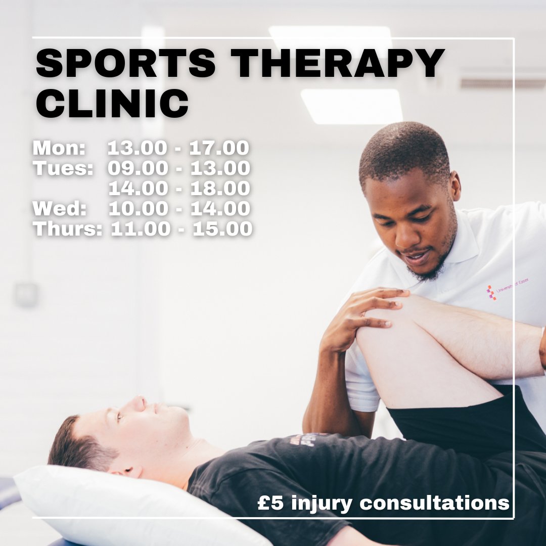 SRES_UoE's tweet photo. Our onsite Sports Therapy Clinic offers 
- £5 injury consultations and follow ups (free for @UniEssexPerform scholars) 
- FREE 30-minute sports massage and taping services. 

Available for all @Uni_of_Essex staff and students!

Make a booking at this link: https://t.co/CinVv5vRIg https://t.co/o3iU1GjbhB