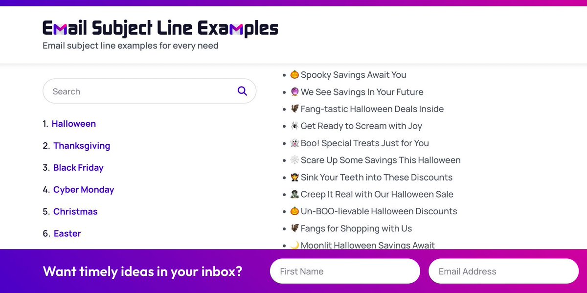 Need 📧 subject line ideas for Thanksgiving? We got em 👇
🙏 Give Thanks for [AWESOME PRODUCT]
🦃 Turkey Day Treats: [PRODUCTS]
🍁 Giving Thanks with [PRODUCT]
🌽 Count Your Blessings and [PRODUCTS] this Thanksgiving
More ideas at EmailSubjectLineExamples.com
