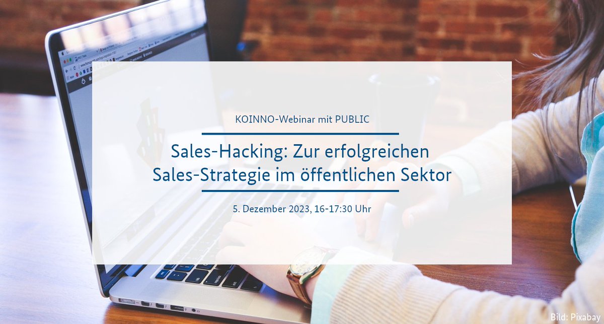 Kompetenzzentrum innovative Beschaffung (KOINNO) (@koinno_bmwk) on Twitter photo Für #Startups, die im öffentlichen Sektor verkaufen möchten, gestaltet sich das Entwickeln einer Sales-Strategie oft schwierig.
Mehr Klarheit soll das Webinar „Sales-Hacking" schaffen, in dem wir mit <a href="/PUBLIC_Germany/">PUBLIC Deutschland</a> & Experten aus der #Startup-Szene sowie der #Verwaltung... 1/2 Für #Startups, die im öffentlichen Sektor verkaufen möchten, gestaltet sich das Entwickeln einer Sales-Strategie oft schwierig.
Mehr Klarheit soll das Webinar „Sales-Hacking" schaffen, in dem wir mit <a href="/PUBLIC_Germany/">PUBLIC Deutschland</a> & Experten aus der #Startup-Szene sowie der #Verwaltung... 1/2