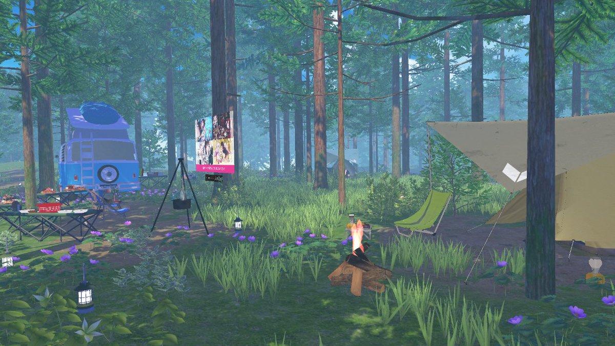 ctwbymorimori's tweet image. 爽やかなVRソロキャンプの時間。静かな森で仕事の疲れをリフレッシュ！
数年前に比べるとVRChatにキャンプワールドがたくさん出来てて有り難いですね。
キャンプ場めぐりが捗る。
#VirtualCamp