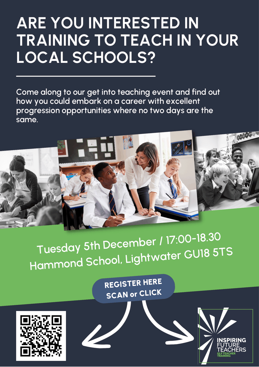 GLFSchools's tweet photo. Are you interested in Training To Teach in your local schools?

Come along to our get into teaching event and find out how you could embark on a career with excellent
progression opportunities.

05/12/23 5.00pm-6:30pm
Hammond Junior School
Register here: https://t.co/ntSFFX9O6I https://t.co/oGgwcTNxrG