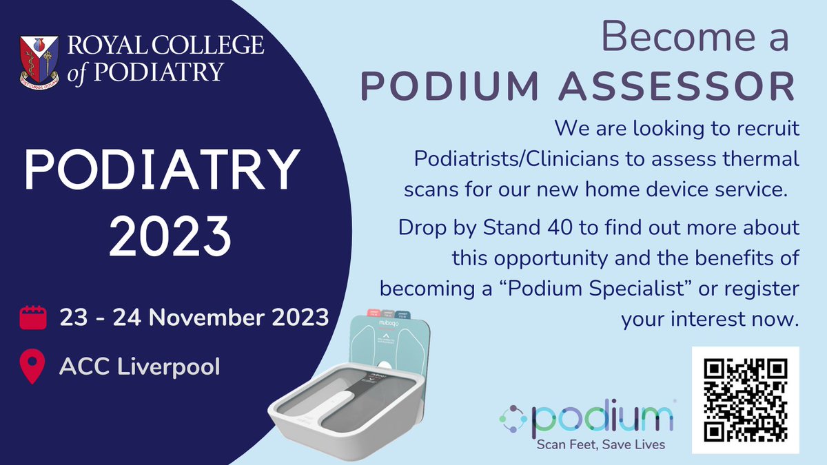 📢 Few days left for Royal College of Podiatry conference happening in ACC Liverpool! <a href="/Roycolpod/">Royal College of Podiatry</a>
Stop by Stand 40 to learn how becoming an assessor benefits you and the patients. Alternatively, scan the QR code on the image to directly register your interest. #podium