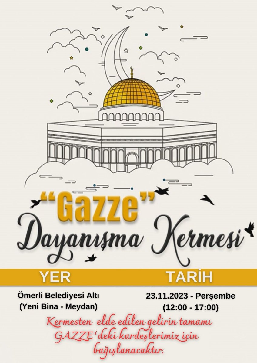 Gazze'de yaşatılan insanlık dramına bir nebze olsun yardımcı, oradaki sessiz çığlığa ses olma adına düzenleyeceğimiz "Dayanışma Kermesine" tüm paydaşlarımız davetlidir. 🇹🇷🕊🇸🇩

🗓 23 Kasım 2023 Perşembe
🕛 12:00 - 17:00
📍Belediye Binası Altı (Meydan)
<a href="/tcmeb/">Millî Eğitim Bakanlığı</a>
<a href="/omerli_Kaymakam/">Ömerli Kaymakamlığı</a>