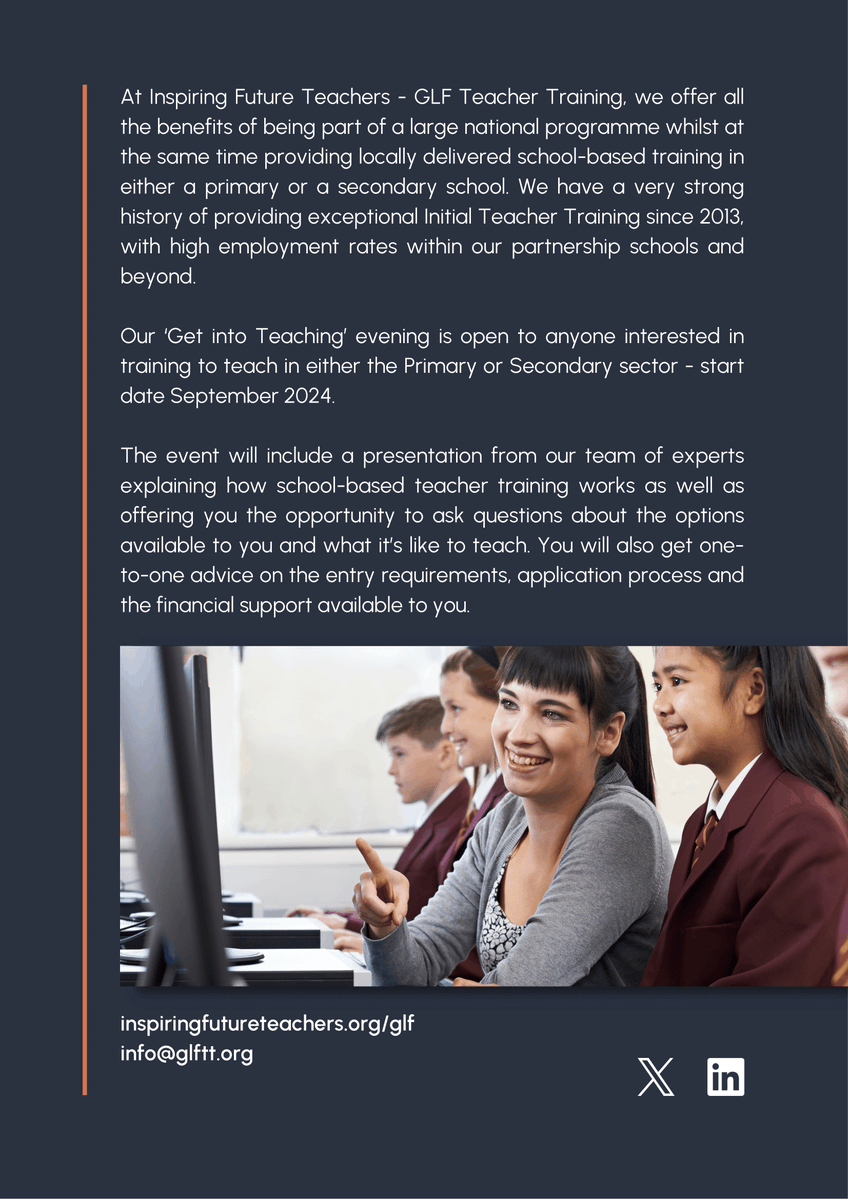 GLFSchools's tweet photo. Are you interested in Training To Teach in your local schools?

Come along to our get into teaching event and find out how you could embark on a career with excellent
progression opportunities.

05/12/23 5.00pm-6:30pm
Hammond Junior School
Register here: https://t.co/ntSFFX9O6I https://t.co/oGgwcTNxrG