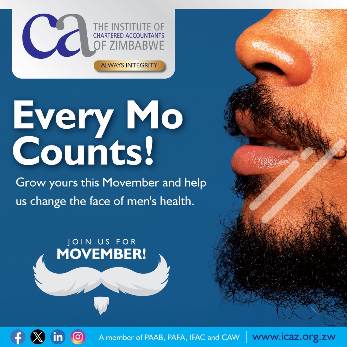 ICAZ_ZW's tweet photo. Are you up for the mustache challenge? 🧔♂️
Take a picture with your most impressive mo and post it in the comment section below with the hashtag #ICAZMovember. Let's show the world that we're united in our support for men's health!
#IntegrityAlways #MensHealthAwareness https://t.co/LjKTP4gudw