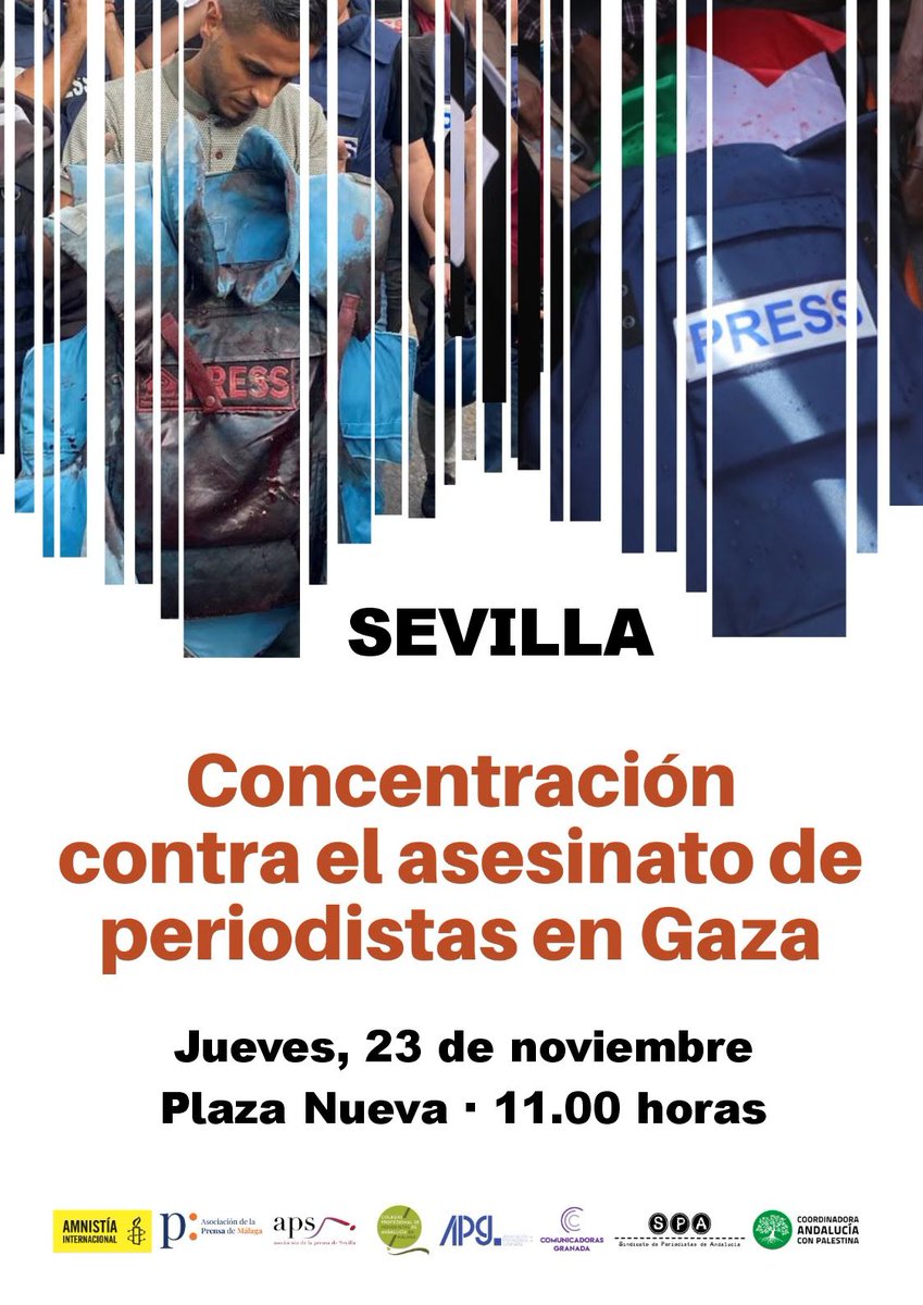 aprensasevilla's tweet photo. La APS y el @SPA_Periodistas convocan una concentración para denunciar el asesinato de más de 60 #periodistas en #Gaza, y los ataques a la libertad de información y expresión en #Palestina.

📅 23 de noviembre, jueves.
🕚 11.00 horas.
📍 Plaza Nueva.

https://t.co/YmAcaeG6L7 https://t.co/gDAOQ8MG9c