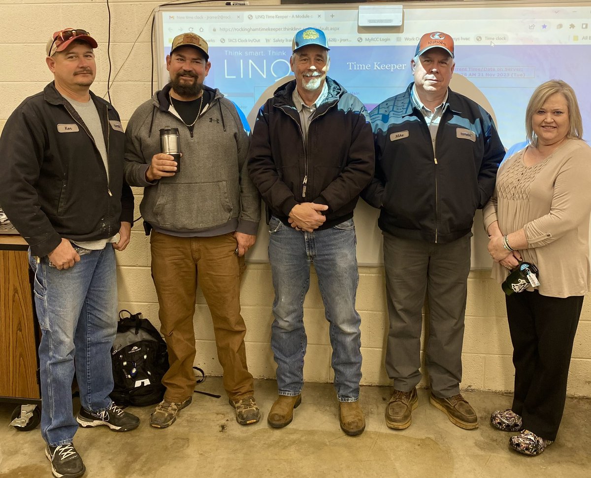 This morning we started maintenance first recognize mile stone years of service awards. This represents 68 years of service and experience in the maintenance department.
From left to right
Ken Powell 11 years; David Gelinas 10; Mike Knight 20; Mike Wilson 10; Karen Evans 26 years