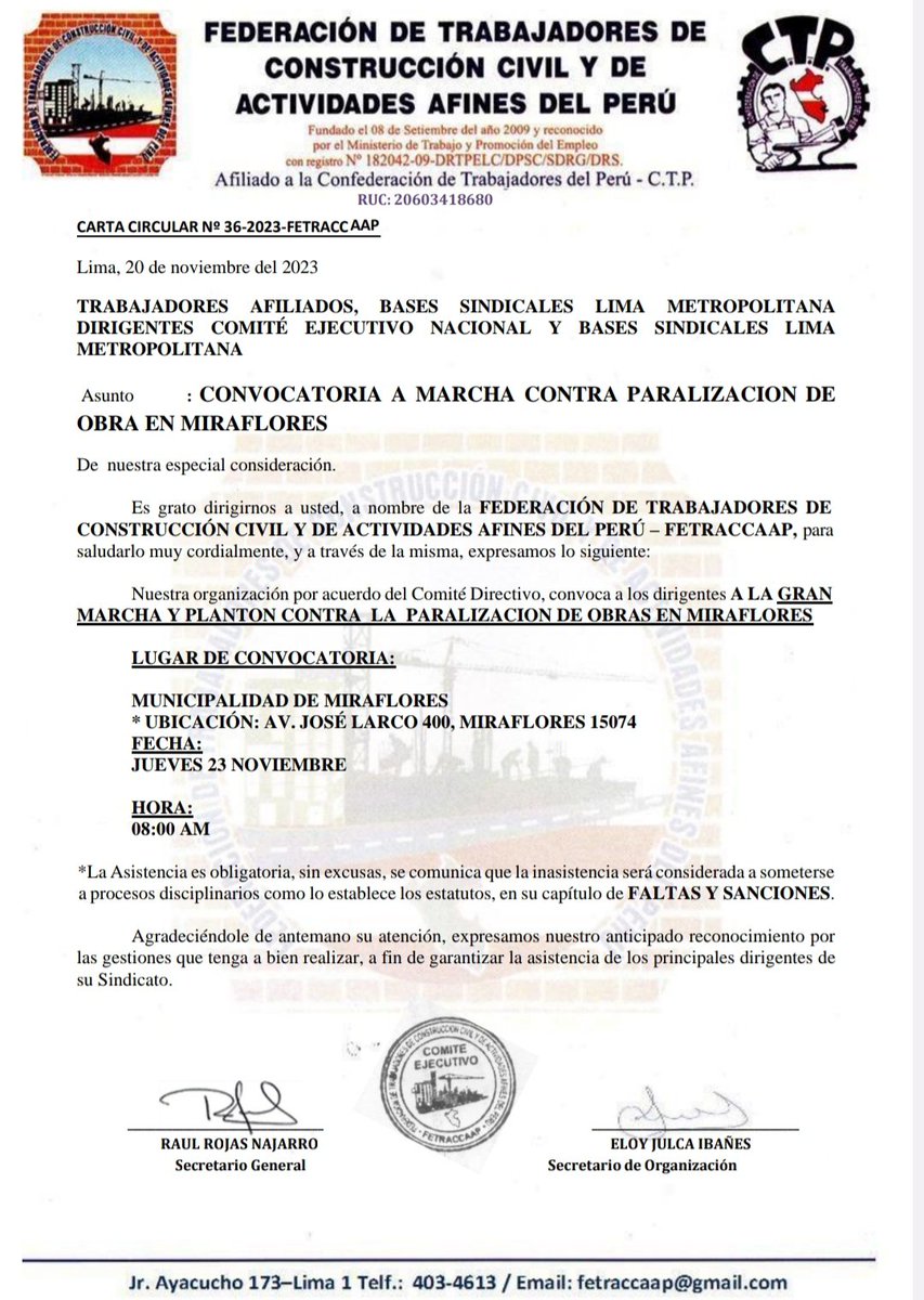 🔴 URGENTE | A todas nuestras bases de Lima metropolitana este jueves 23 noviembre a una sola voz rechazamos la paralización de obras.
<a href="/canalN_/">Canal N</a> <a href="/willaxtv/">Willax Televisión</a> <a href="/PBOPeru/">PBO</a> <a href="/RPPNoticias/">RPP Noticias</a> <a href="/Latina_pe/">Latina.pe</a> <a href="/exitosape/">Exitosa Noticias</a> <a href="/peru21noticias/">Perú21</a> <a href="/PanamericanaTV/">panamericanatv</a> <a href="/capeco/">Cámara Peruana de la Construcción</a> <a href="/CtpPeru/">Confederación de Trabajadores del Perú</a> <a href="/FidelBuitronP/">Fidel Buitron Espinoza</a> <a href="/FuerzaSindicalP/">Russell NGonzales 🇵🇪</a>