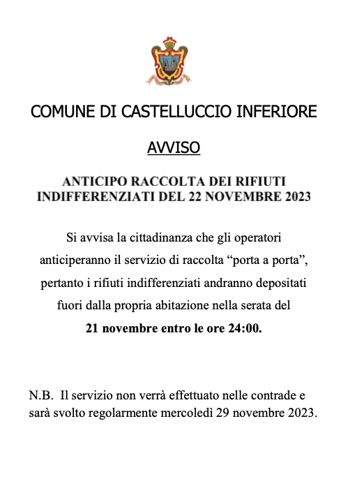 InfCastellucci1's tweet photo. Si avvisa la cittadinanza che gli operatori anticiperanno il servizio di raccolta “porta a porta”, pertanto i rifiuti indifferenziati andranno depositati fuori dalla propria abitazione nella serata del 21 novembre entro le ore 24.00.
https://t.co/7Wmql8P4qR https://t.co/iYmb4wP7tZ