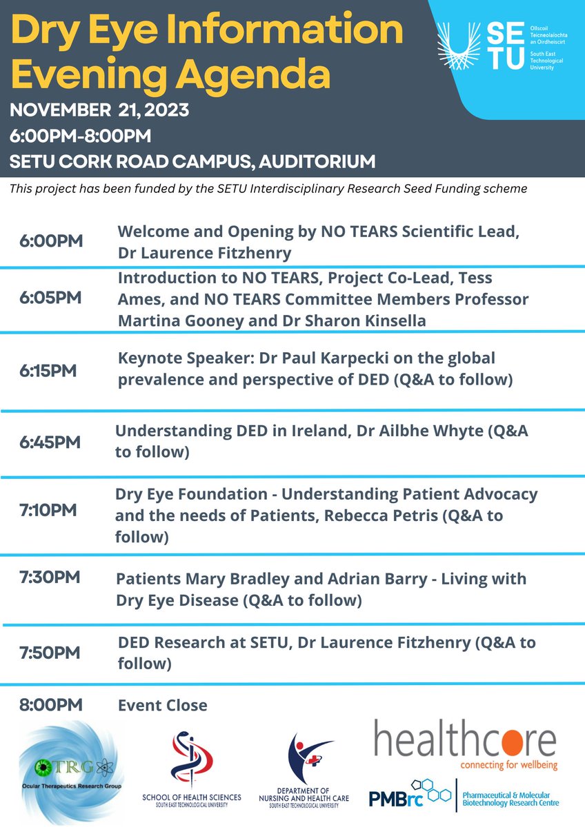 Didn't have time to register? That's okay! Watch the livestream for the 👀 Dry Eye Information evening, here!⤵️ tinyurl.com/482ck44e @SETUIreland @PMBRC_SETU @OTRG_PMBRC @SETU_Research @GooneyMartina @evmatthewsIRL #DED #ShareScience #openscience