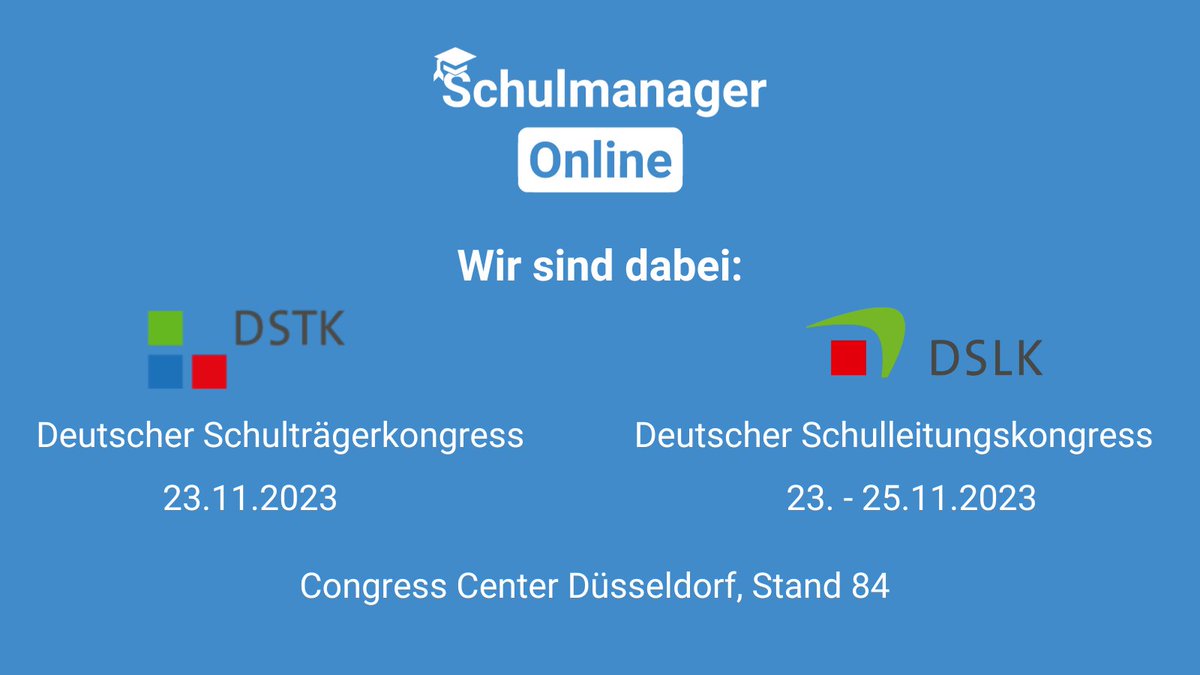 derschulmanager's tweet photo. Wir sind wieder unterwegs, damit Ihr Euch vor Ort über den #Schulmanager informieren könnt und wir uns persönlich kennenlernen!
Trefft uns am 23.11. auf dem #DSTK und vom 23. - 25.11. beim @dslk_kongress im Congress Center Düsseldorf, Stand Nr. 84! https://t.co/sDJIHyEp65