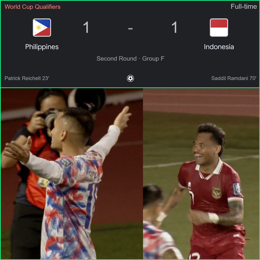 FaktaSepakbola's tweet photo. FT #KualifikasiPildun
Filipina 1-1 Indonesia

Bawa pulang 1 poin saja, kembali gagal dapat 3 poin! Main lagi tanggal 21 Maret 2024 nanti. Masih ada waktu buat evaluasi, bayar kesalahan dengan cari banyak poin di 4 laga sisa kualifikasi ini. #TimnasDay