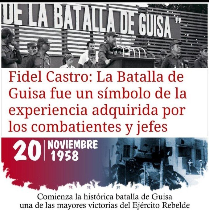 <a href="/DrRobertoMOjeda/">Dr. Roberto Morales Ojeda</a> <a href="/Minfar/">Mrs.Jon</a> <a href="/DiazCanelB/">Miguel Díaz-Canel Bermúdez</a> <a href="/PartidoPCC/">Partido Comunista de Cuba</a> <a href="/PresidenciaCuba/">Presidencia Cuba 🇨🇺</a> <a href="/IzquierdaUnida/">Izquierda Unida🔻🇵🇸</a> <a href="/DeZurdaTeam_/">DeZurdaTeam 📳</a> @aylinalvarezG <a href="/GHNordelo5/">Gerardo Hdez. Nordelo</a> <a href="/cubacooperaven/">Misión Médica Cubana en Venezuela</a> <a href="/unidad_central/">Unidad Central de Cooperación Médica</a> <a href="/cubadebatecu/">Cubadebate</a> La gloriosa Batalla de Guisa, desarrollada hace 65 años, abrió las puertas de la Operación Santiago y mostró el ya indetenible avance de las fuerzas rebeldes hacia la derrota total de la tiranía para conquistar la liberación del territorio nacional.
#Cuba ♥️🇨🇺