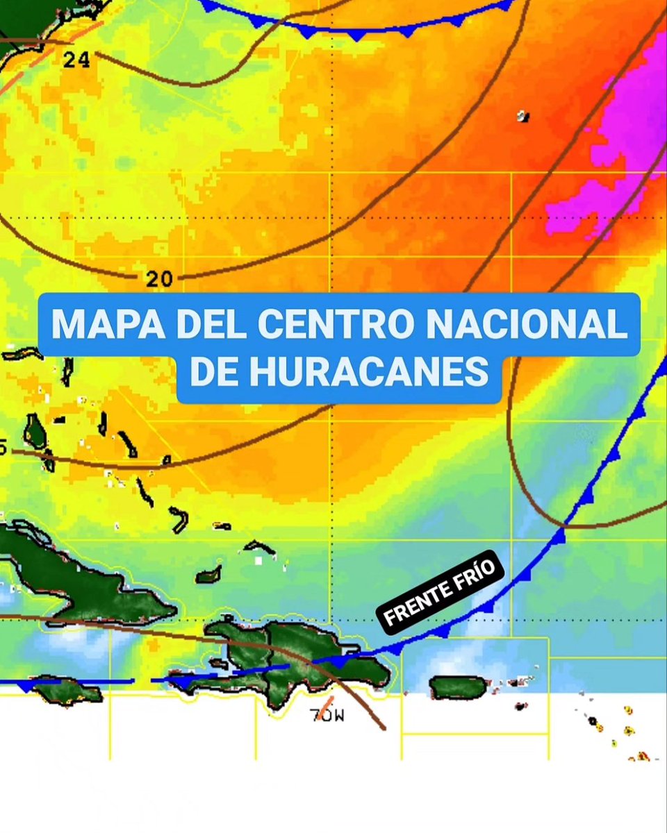 JeanSuriel's tweet photo. 🔵BUENA NOTICIA🔵
Una masa de aire polar llegará esta noche a República Dominicana y se quedará hasta el viernes descendiendo las temperaturas a nivel nacional: el sistema frontal llegó esta madrugada al país y en las próximas 24 horas se debilitará, alejándose hacia el Atlántico central; sin embargo, dejará el ambiente muy frío en el territorio dominicano.

🔵La masa de aire más fría comenzará a sentirse desde la madrugada del miércoles y podría permanecer hasta el viernes en la mañana cuando se disipe en el país.

🔵Este es el octavo frente frío en acercarse al norte del Caribe y el primero en incidir directamente en República Dominicana: también es la segunda masa de aire polar en acercarse a nuestra región, ya que la primera lo hizo durante la existencia del Huracán Tammy.

🔵En la última imagen, del Centro Nacional de Huracanes de Miami, podrán comprobar dónde se encuentra el frente frío este martes (línea azul).

🔵Así podrían descender las temperaturas mínimas desde esta noche:

⚠️Pico Duarte -1°C
⚠️Valle Nuevo -2°C
⚠️Constanza 13°C
⚠️Manabao 12°C
⚠️Hondo Valle 12°C
⚠️Dajabón 18°C
⚠️Ocoa 16°C
⚠️Polo-Barahona 15°C
⚠️Sabaneta 18°C
⚠️Monción 18°C
⚠️San Juan 16°C
⚠️Las Matas de Farfán 16°C
⚠️Cotuí 19°C
⚠️San Francisco 18°C
⚠️Jarabacoa 16°C
⚠️Salcedo 18°C
⚠️Tenares 18°C
⚠️Río San Juan 19°C
⚠️San José de las Matas 15°C
⚠️Padre Las Casas 16°C
⚠️Loma de Cabrera 15°C
⚠️Bonao 17°C
⚠️Baní 20°C
⚠️Azua 18°C
⚠️Mao 18°C
⚠️Moca 19°C
⚠️La Vega 19°C
⚠️Neiba 20°C
⚠️San Cristóbal 18°C
⚠️Villa Altagracia 18°C
⚠️Pedernales 19°C
⚠️Monte Plata 19°C
⚠️Bayaguana 19°C
⚠️Sánchez 18°C
⚠️Santiago 19°C
⚠️Jimaní 20°C
⚠️El Seibo 20°C
⚠️Miches 20°C
⚠️Nagua 20°C
⚠️Monte Cristi 21°C
⚠️Barahona 21°C
⚠️La Romana 22°C
⚠️San Pedro de Macorís 21°C
⚠️Higüey 21°C
⚠️Hato Mayor 21°C
⚠️Samaná 18°C
⚠️Santo Domingo 21°C
⚠️Puerto Plata 21°C
⚠️Punta Cana 24°C

🔵Y las lluvias disminuirán desde hoy hasta el viernes en RD por el predominio de un sistema de alta presión en el Atlántico, conocido también como anticiclón.

✅️ https://t.co/WlQFg167bk
➡️ @AgendaClimatica 
▶️ https://t.co/OBEFwksFsW
