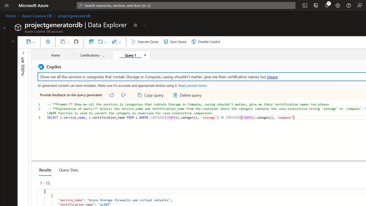 Just tested out the Microsoft Copilot for
@AzureCosmosDB and I love it already! 

I've put together some data to ground my Azure Open AI completions for a project I'm building, and this makes querying so much easier given my not-so-great SQL skills😅