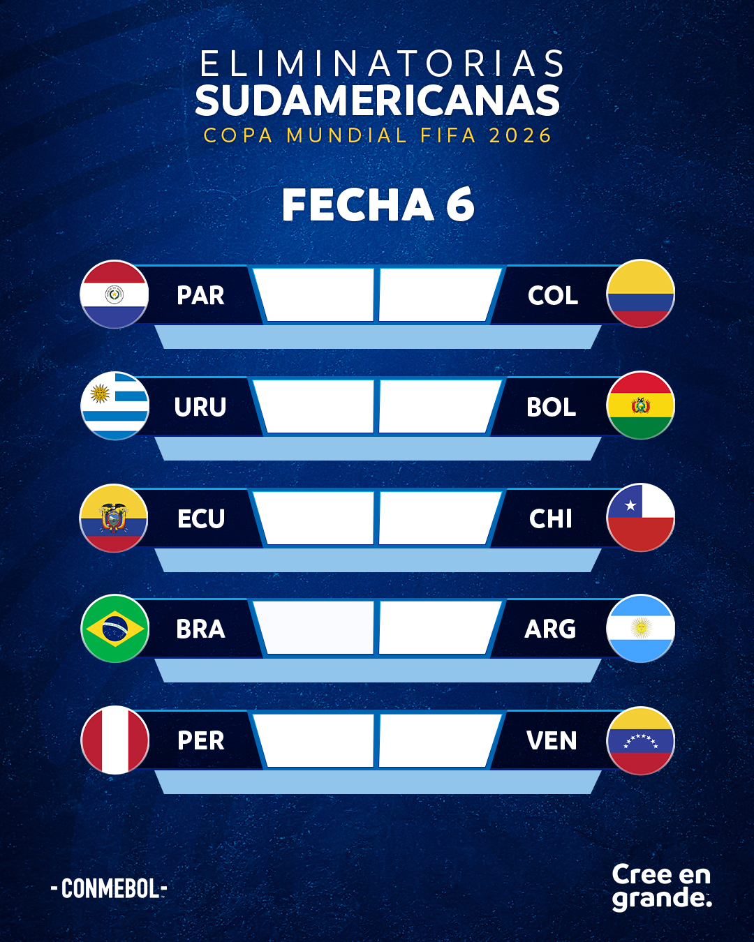 CONMEBOL.com on X: ¡Partidos y horarios de la Fecha 2⃣ de las  #EliminatoriasSudamericanas rumbo a la Copa Mundial de la FIFA 26™! ​🗓️  Jogos e horários da segunda rodada das Eliminatórias rumo