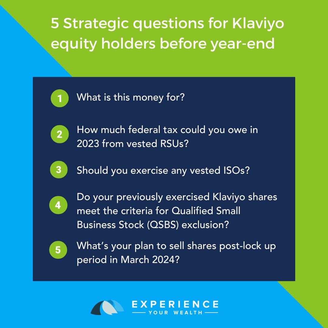 Hey <a href="/klaviyo/">Klaviyo</a> equity holders - here are 5 strategic questions to ask yourself before year-end as it relates to your equity to help you develop a life-centered, tax-efficient plan for your equity from the #IPO.