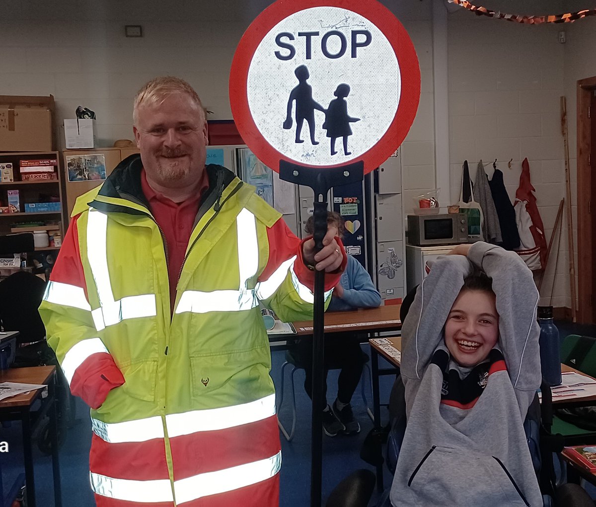 MICCDunmanway's tweet photo. Rang Sinead had great fun today as our local Lollipop Man Kevin came to visit them as part of their 'Preparing for Work' module. #Learningforlife #Lifeskills #Preparingforwork https://t.co/NiBTqySTvu