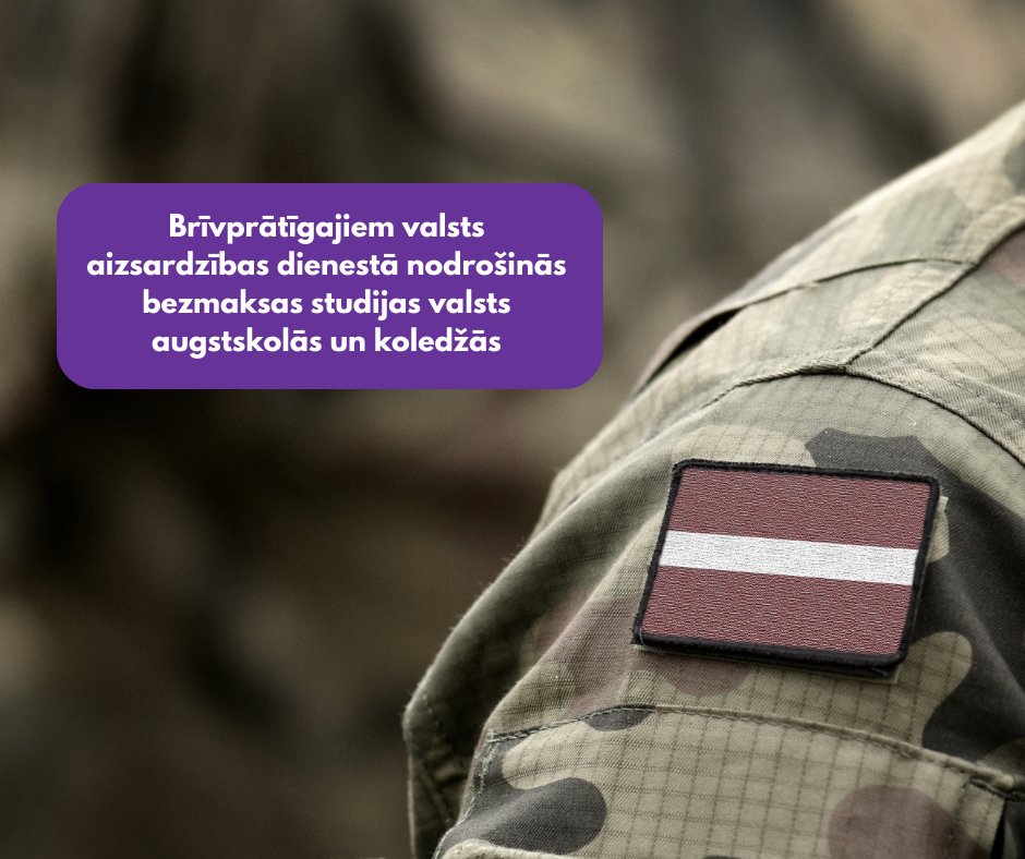 Latvijas pilsoņiem,kas brīvprātīgi pieteikušies valsts aizsardzības dienestā un to pabeiguši un, kuri atbilst studiju programmas uzņemšanas noteikumiem, studijas koledžas un bakalaura līmeņa studiju programmās tiks finansētas no valsts budžeta līdzekļiem👇 izm.gov.lv/lv/jaunums/bri…