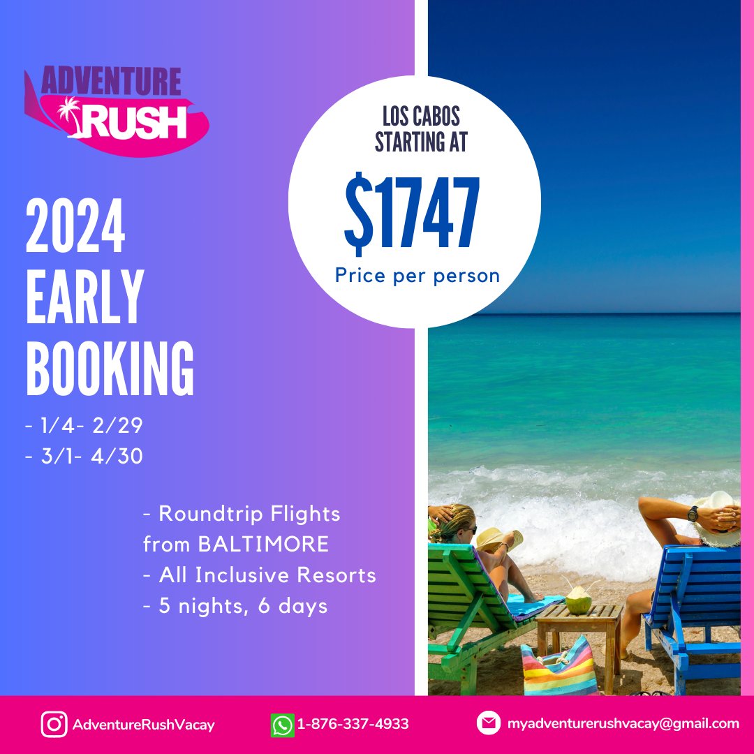 Travel Deal Tuesdays!!
2024 HotDeals!!!

Traveling from Baltimore? This one is for you!!!
-Roundtrip flights +All Inclusive resorts for 5 nights. 

Call or DM us to get started

#travelagent #traveladvisor