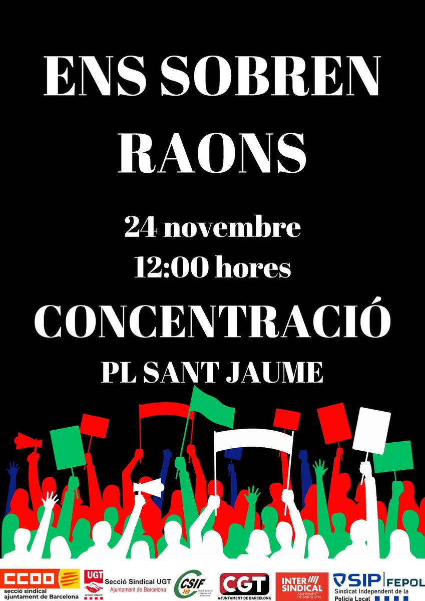 CGT_AjBCN's tweet photo. 🔥*CONCENTRACIÓ A PL SANT JAUME*🔥

🕛 Divendres 24 de 12 a 14 h
📍Pl Sant Jaume

✊🏾*No acceptem que l'Ajuntament ens retalli drets mentre es pugen el salari els alts càrrecs.* 
 
Porta els teus cartells, samarreta reivindicativa i el que vulguis per fer soroll 📢💥 https://t.co/nMrPnyMHDc
