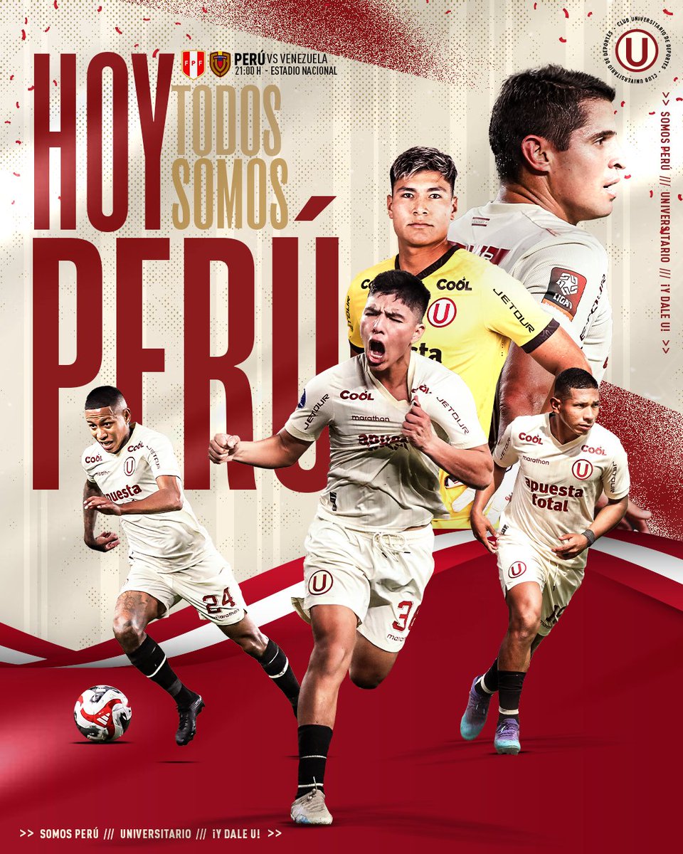 Universitario's tweet photo. 𝗔 𝗗𝗘𝗝𝗔𝗥𝗟𝗢 𝗧𝗢𝗗𝗢 𝗣𝗢𝗥 𝗘𝗦𝗧𝗢𝗦 𝗖𝗢𝗟𝗢𝗥𝗘𝗦 🔴⚪️🔴

Le deseamos el mayor de los éxitos a la @SeleccionPeru y a los convocados cremas en su partido ante Venezuela por las Eliminatorias al Mundial 2026.

#ConLaUHastaElFinal
#GrandeHayUnoSolo https://t.co/X5JKwWv0G6