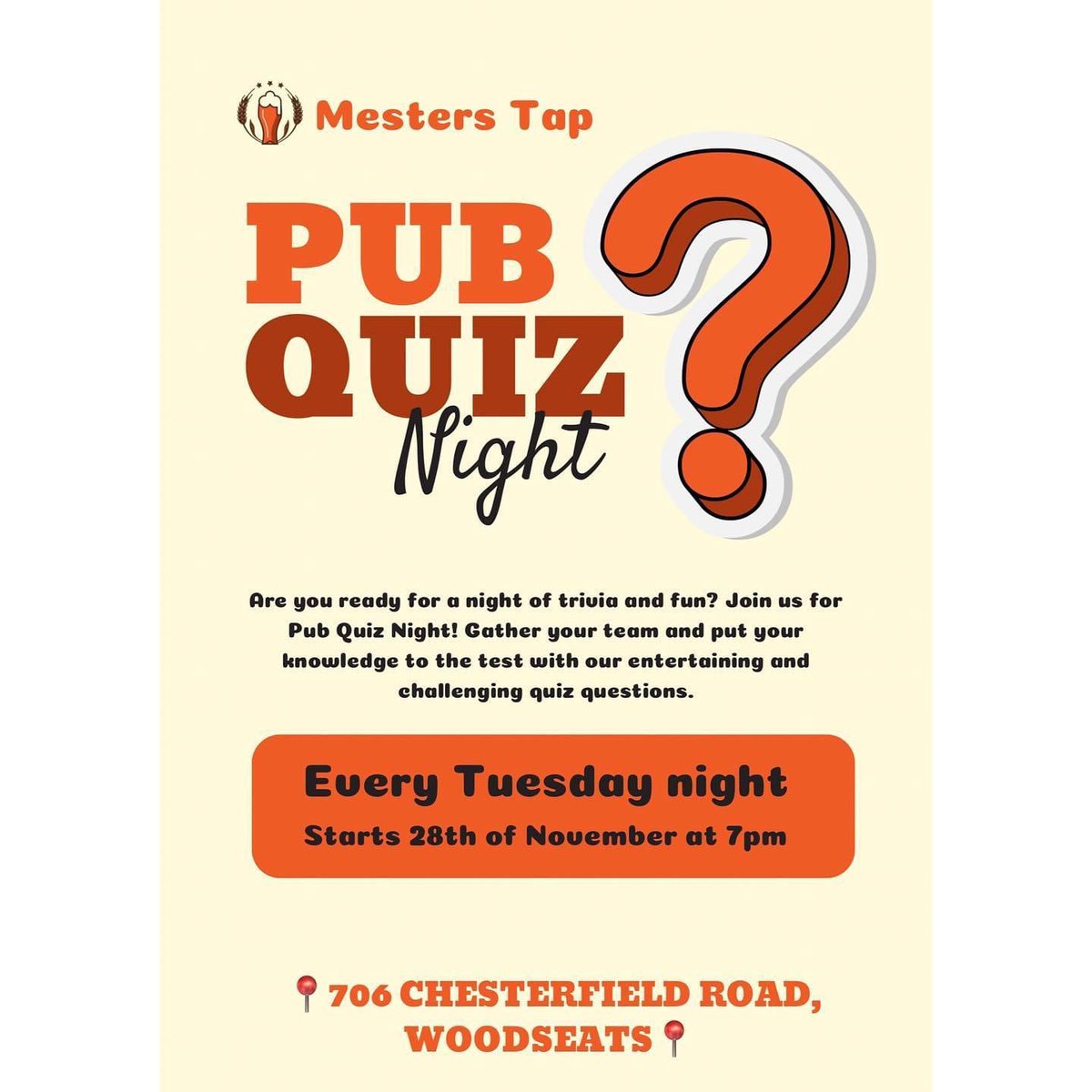 Calling all quiz enthusiasts Mesters Tap pub quiz starts November the 28th at 7pm With prizes for the winners and maybe even one for the best team name
Get in touch to book your space now
Message us on here insta or FB or drop us an email
mesterstap@littlemestersbrewing.co.uk