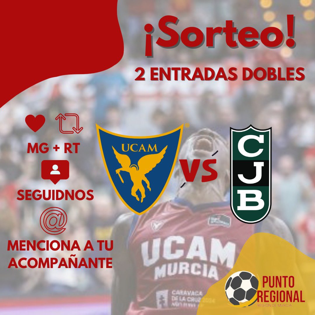 PuntoRegional's tweet photo. 🏀 Después de la victoria de @UCAMMurcia ante @FCBbasket, el próximo sábado 25 vuelven al Palacio contra @Penya1930 a las 20:45

🍀 Sorteamos 2 entradas DOBLES para el encuentro. Los requisitos son:

-Seguidnos, dar MG y RT a este tweet

-Mencionar un acompañante @

🤞SUERTE!!! https://t.co/Y7F8LfPcDA