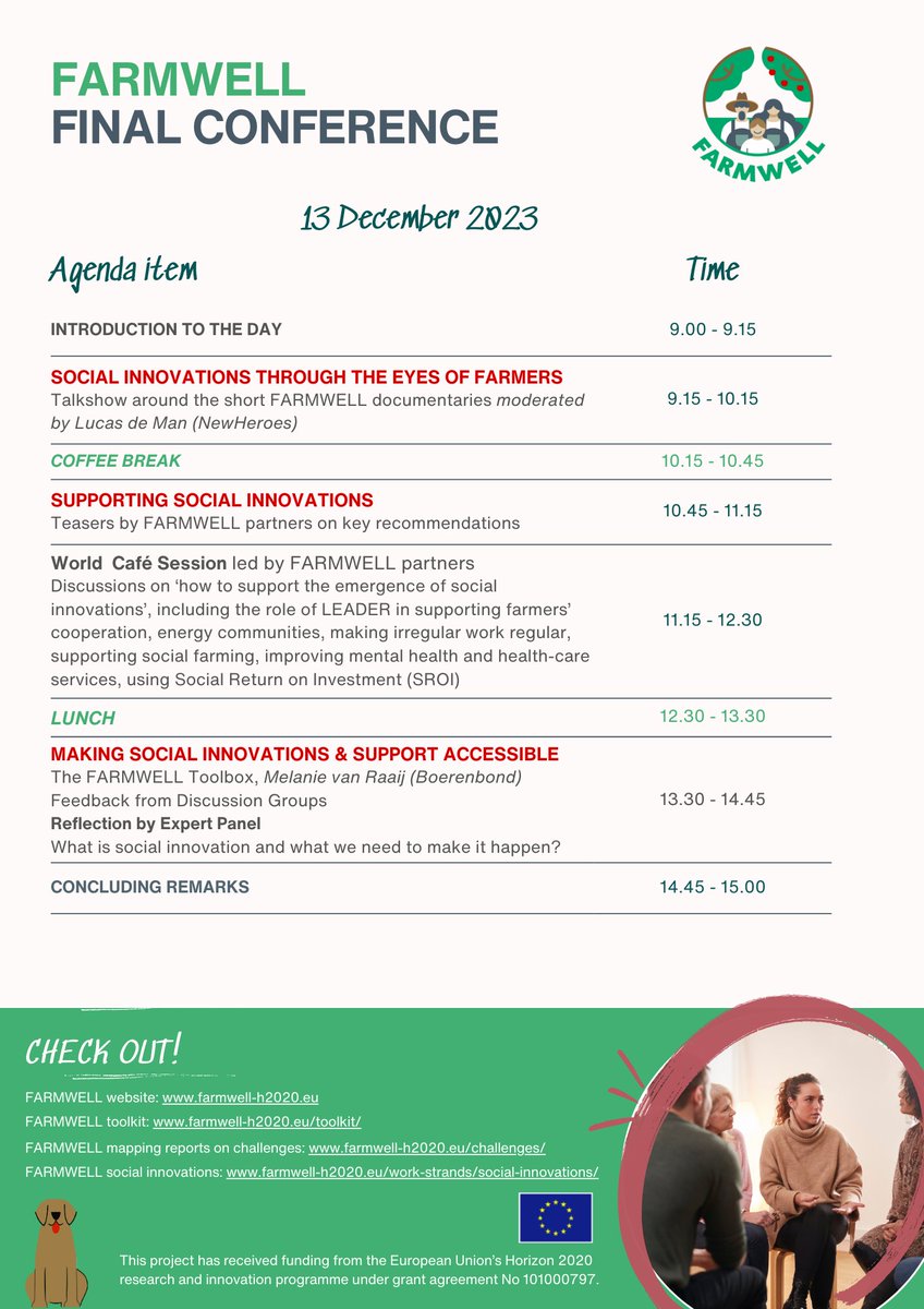 Last chance to sign up for the Final Conference of <a href="/FARMWELL_H2020/">FARMWELL Project</a> on farmers' wellbeing here: bit.ly/FW-Final-Reg. Join us for this lively event on 12-13 Dec '23 in Leuven. Partners will share experience on farmers'social challenges,inspiring social innovations and much more
