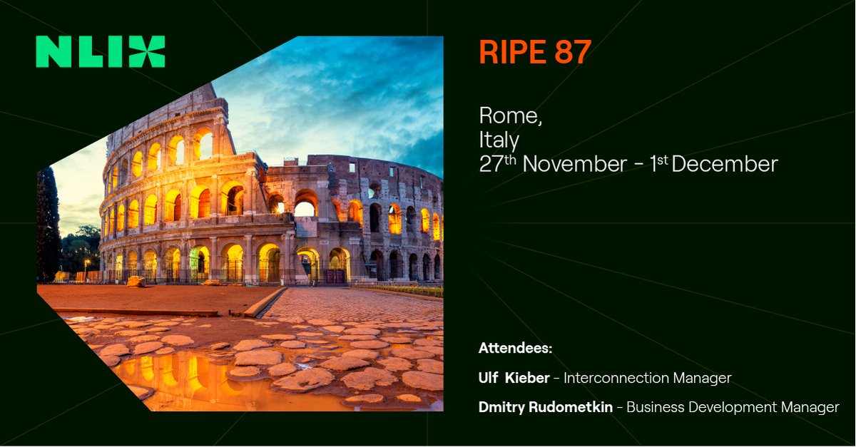 Next week, we will be attending #RIPE87 in the beautiful city of Rome! 🇮🇹 Our colleagues Ulf Kieber and Dmitry Rudometkin would love to meet you there! If you're attending, let's connect and exchange ideas. See you in Rome for an unforgettable experience!
#nlix #betheinternet