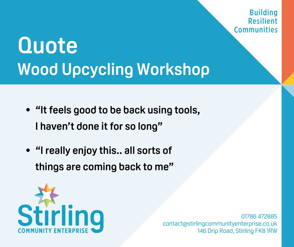 stirlingCE's tweet photo. 💬 Have a read of these quotes from our Wood Upcycling Workshop💬
Our Wood Upcycling workshop is a great opportunity to learn some skills, use some tools and have a chat.
#stirling
#resiliance
#resiliantcommunities https://t.co/SXnHkQPq5n