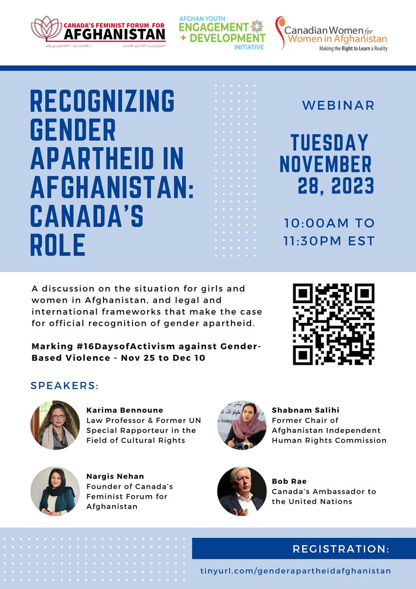 ayedicanada's tweet photo. Join AYEDI, @CFFA_Afg_CA, and @cw4wafghan for a discussion on gender apartheid in Afghanistan and the role that Canada can play in recognizing it. Speakers include @karimabennoune @nehannargis @shabnam_salehi @bobrae48 #16DaysofActivism

🔗 https://t.co/StRI2AsKNz https://t.co/Dah4ra1jEr