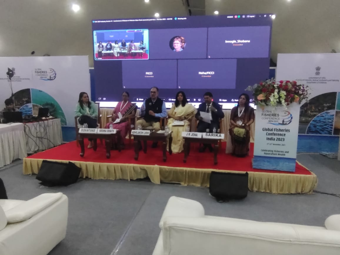 GFCINDIA2023's tweet photo. Union Secretary, Department of Fisheries, Dr. Abhilaksh Likhi, addresses the Industry connect session on Involvement of women in Fisheries Value Chain at Gujarat Science City, Hebatpur, Ahmedabad. #GFCIndia2023 #FishForFuture #PMMSY #MSJA #Fisheries4India https://t.co/nWqjurWnju