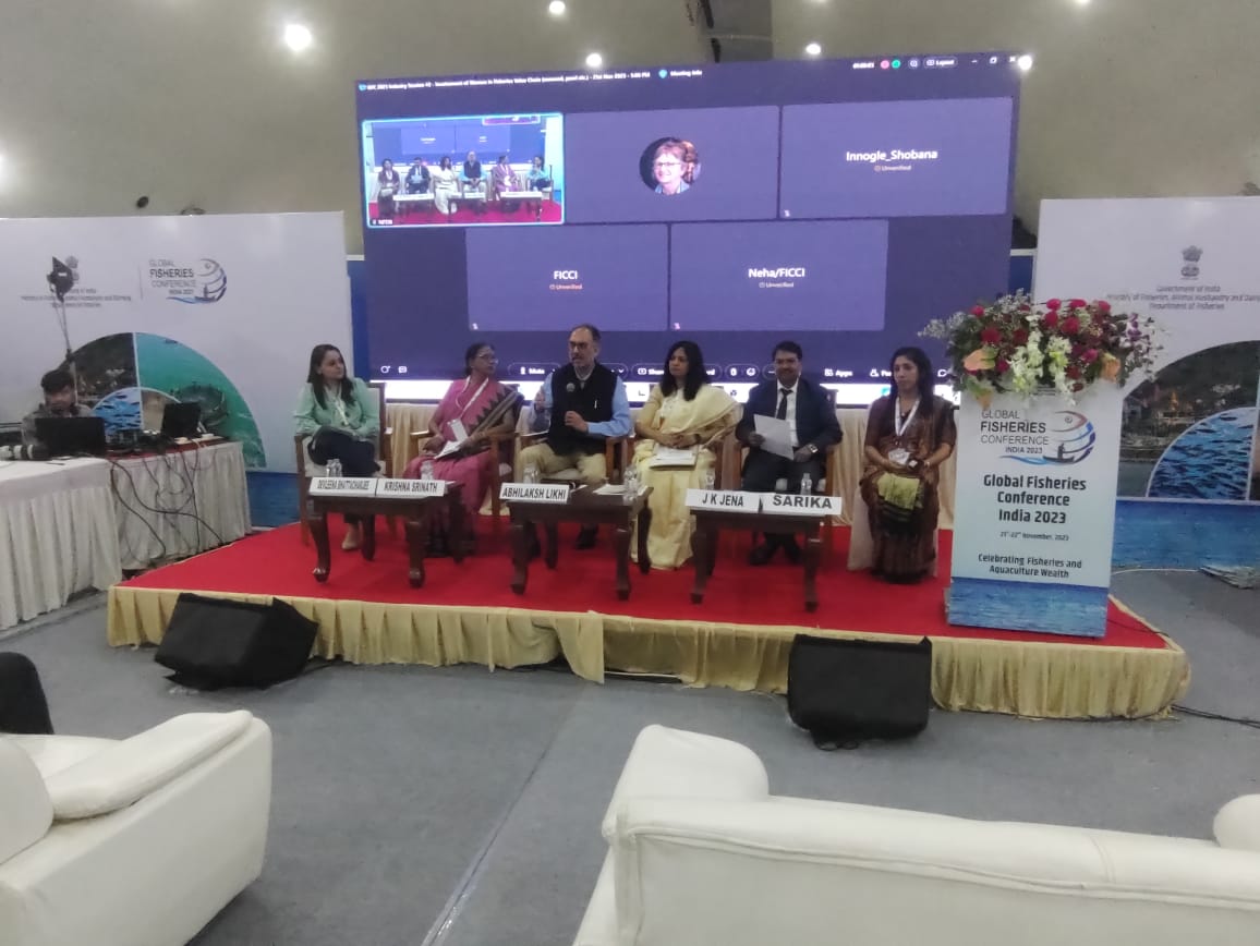 Union Secretary, Department of Fisheries, Dr. Abhilaksh Likhi, addresses the Industry connect session on Involvement of women in Fisheries Value Chain at Gujarat Science City, Hebatpur, Ahmedabad. #GFCIndia2023 #FishForFuture #PMMSY #MSJA #Fisheries4India