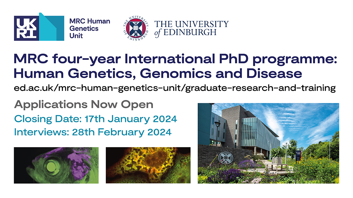 Take a first step to your career in Genetics, Genomics and Disease by applying to our 4 year PhD programme. UK and International applicants welcome. Deadline 17/1/2024 ed.ac.uk/mrc-human-gene…