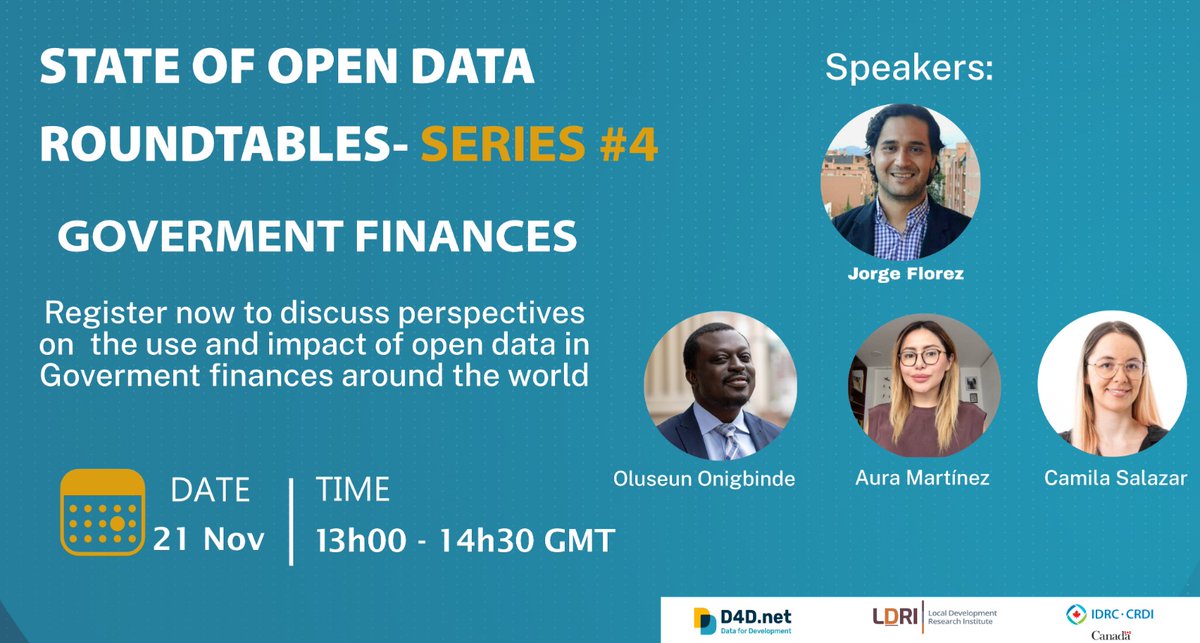 Session 1 of the State of Open Data Roundtables had kicked off! Join the conversation as @j_florezh, @AuraErendira, @milamila07, & @seunonigbinde discuss the state of open government finance #data. Watch the livestream: youtube.com/live/E0VDcMdkW…