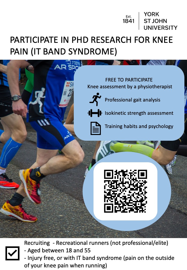 CALLING ALL YORKSHIRE, UK RUNNERS WITH IT BAND SYNDROME I’m Luke, a physio/PhD'er looking to recruit runners with ITBS for 3D gait analysis, muscle tests + training/psychology Q's. Learn about yourself + contribute to science. Click below for more info yorksj.eu.qualtrics.com/jfe/form/SV_eI…