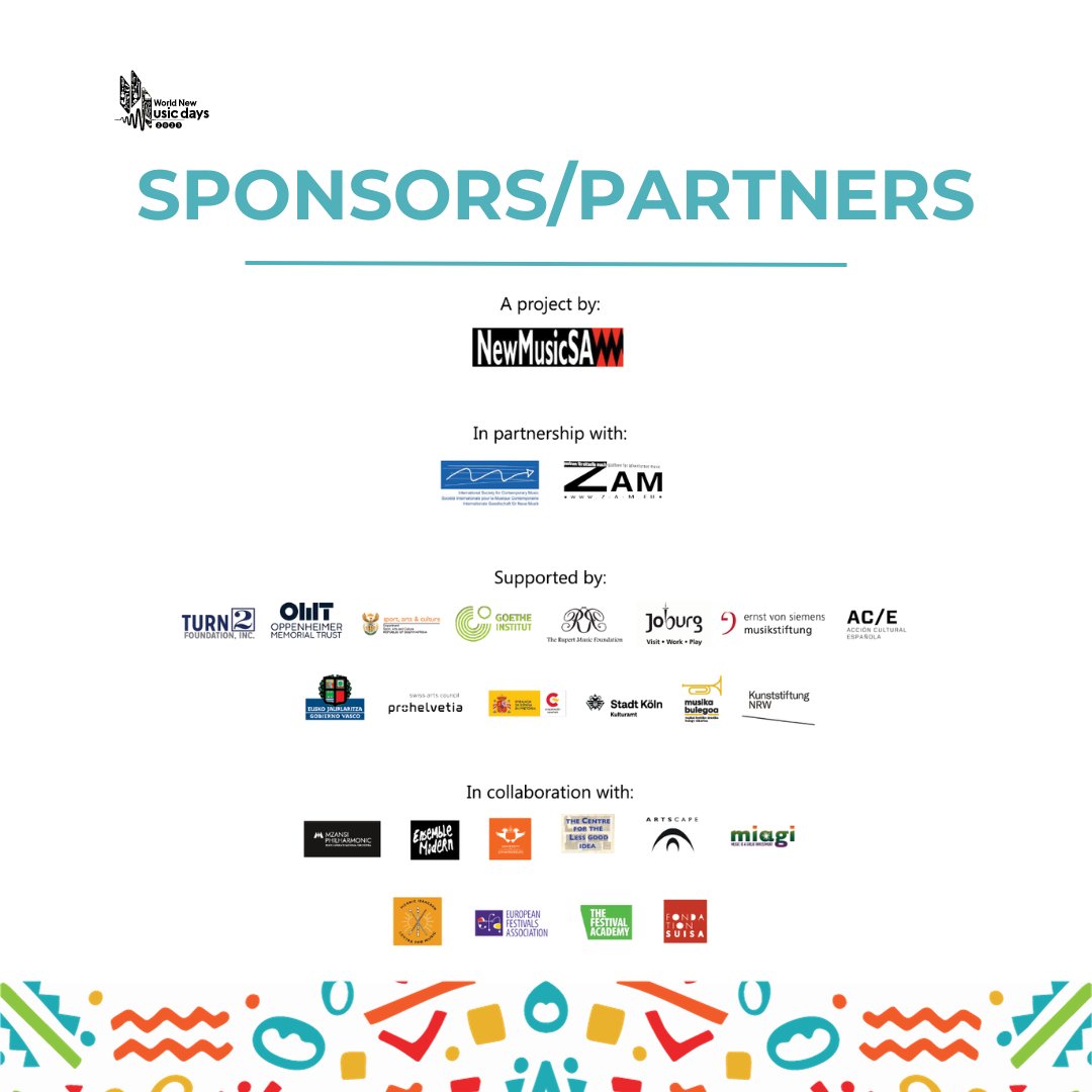 NewMusicSA's tweet photo. A big thank you to our incredible sponsors/partners who have made the ISCM World New Music Days Festival possible! Their unwavering support has played a vital role in bringing global musical innovation to our community.

Book tickets: https://t.co/AWSMeImeP1

#WNMD #NewMusicSA https://t.co/JRmzhb9boB