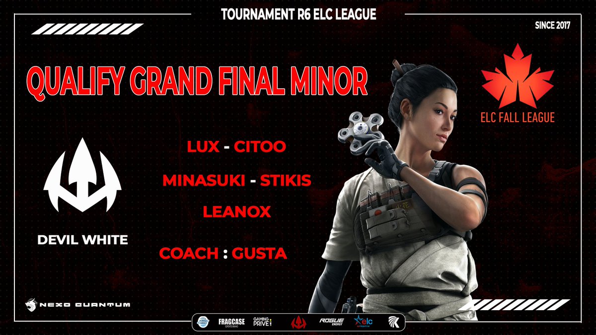 📢| 𝗔𝗻𝗻𝗼𝘂𝗻𝗰𝗲𝗺𝗲𝗻𝘁

🏆Match day <a href="/ELC_EsportsR6/">ELC Esports R6</a> 🏆

QUALIFY GRAND FINAL MINOR 𝗣𝗹𝗮𝘆𝗢𝗳𝗳𝘀 👏

Composition of the 𝗗𝗘𝗩𝗜𝗟 𝗪𝗛𝗜𝗧𝗘 team 👇
Coach : <a href="/TimGurreaLeGoat/">Gusta | Coach de D4</a>
@Lux_DVL
<a href="/Minazuki_Dvl/">bonhomme</a>
<a href="/CitooFr/">Fr Citoo</a>
<a href="/_leanox/">Leanox</a>
<a href="/StikizNRV/">Stikiz</a>

Congratulations and applause 👏

One #RT🤝👇