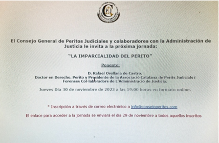 INFOPERITS's tweet photo. El 30 de noviembre (19 h) el Consejo Gral d Peritos Judiciales (https://t.co/ftiOwMpoVh) organiza la ponencia "La imparcialidad del #perito" impartida x el presidente d @INFOPERITS. Es gratuita y se hará on line. Es necesaria inscripción enviando email a info@consejoperitos.com https://t.co/w4qSqdKbH4