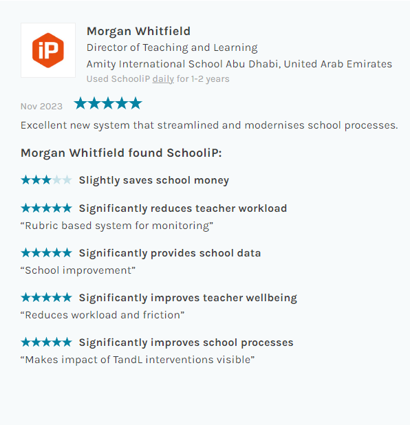 DamienRobertsIP's tweet photo. Another fantastic independent review from  @TeachMorgan @AmityAbuDhabi If you're interested in delivering whole school improvement whilst reducing workload and friction, why not book an  online demonstration to find out more - https://t.co/CV0HSM90N3 https://t.co/7Ljm285oLJ
