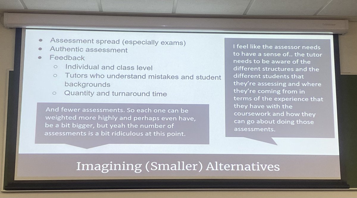 Interesting thoughts from students from the UCT assessment project by @sukainaw. Key takeaways - viewing assessment as a social practice and the need for timely feedback on assessments #TLC2023 @ched_uct @CILT_UCT