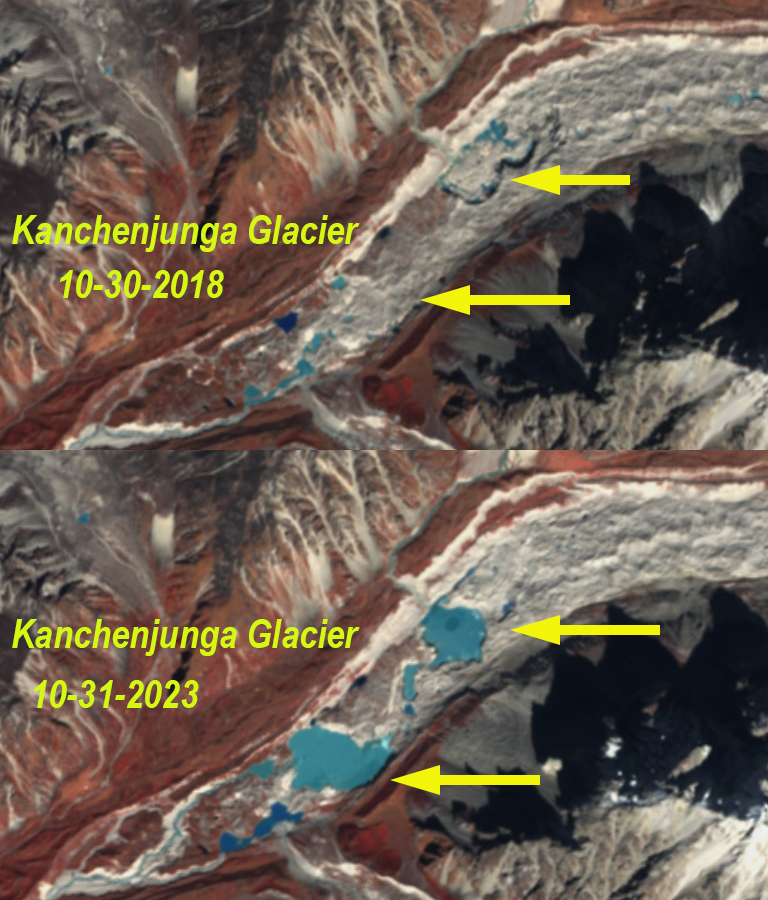 realglacier's tweet image. Formation of 2 large supraglacial ponds 80K and 120k m2 on Kanchenjunga Glacier noted in 2018 and 2023 Sentinel images. Such large supraglacial ponds tend to persist such as on Rongbuk Glacier. @MohanBChand @NepalGlacier @SantoshNepal_ @RohitGeologist 
blogs.agu.org/fromaglaciersp…