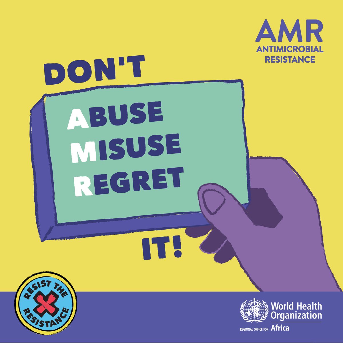 Say NO to self-medication and take antimicrobial medicines only when they're prescribed!  

Antimicrobial resistance, or AMR, occurs when bacteria, viruses, fungi and parasites mutate. and become resistant to medicines used to fight them.  
#ResistAMR