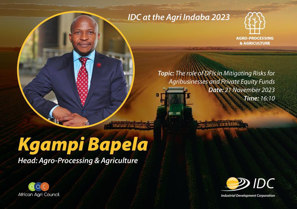 IDCSouthAfrica's tweet photo. Today at the Agri Indaba the IDC’s Head: Agro Processing &amp; Agriculture, Kgampi Bapela, will be participating in a panel discussion on the topic of DFI Navigating Risks, unpacking key insights for Agribusinesses and Private Equity Funds. 

#AAII23 https://t.co/2GCejiCjbQ