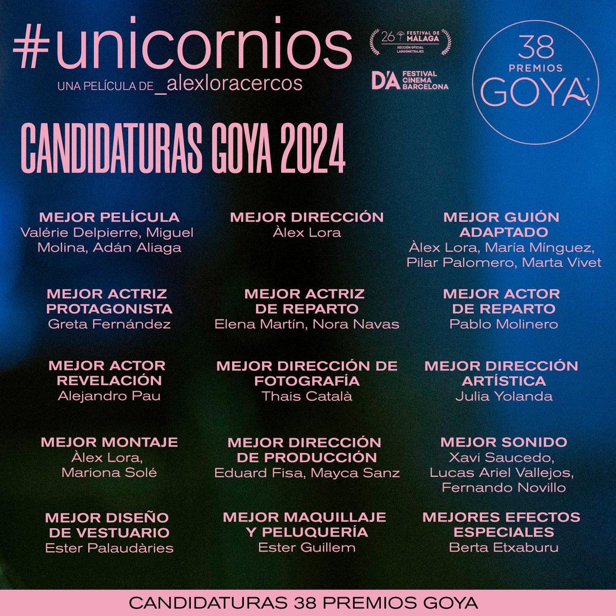 Estas son las candidaturas de #unicornios🦄 para su consideración para los 38 #PremiosGoya Película de @AlexLoraCercos y protagonizada por @gretafernandezb que se estrenó en el Festival de Málaga. Disponible para visualizar en VEOMAC ▶️ @JaiboFilms @filmax