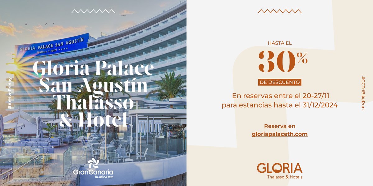 gctribikerun's tweet photo. Recupera fuerzas con el #ActiveFriday 💪

Pasa unos días en #GloriaPalaceSanAgustín - @GloriaThalasso y concédete un merecido descanso con esta promoción especial 🧡

¡No dudes en reservar! 👉 https://t.co/hL8GqoWSae

#GCTriBikeRun #GranCanaria | #Tuhistorialanuestra https://t.co/aJ8GJFfxOc
