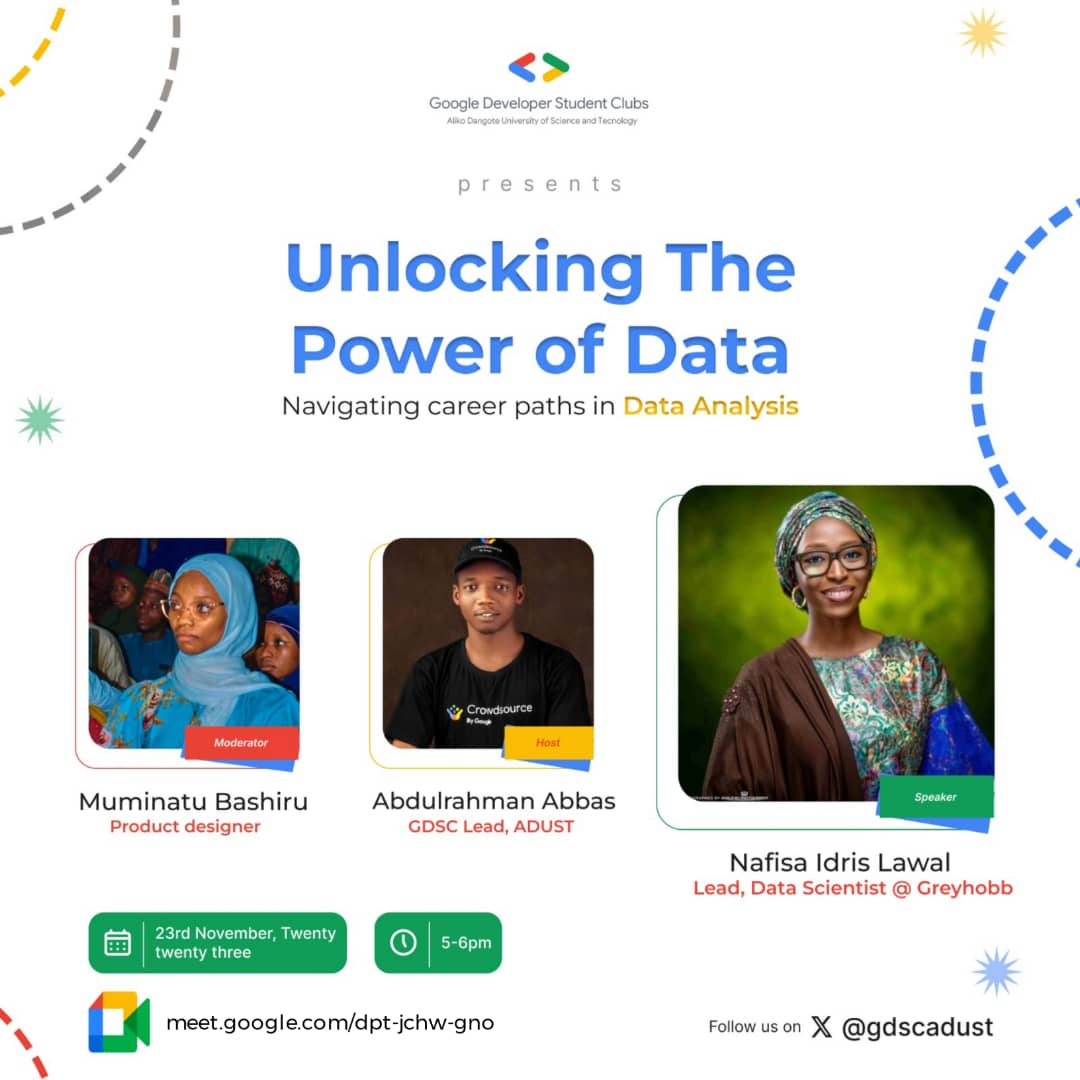 GDG_Adustech's tweet photo. Want to learn more about data analysis? Join our Google Meet event to delve into data analysis and chart your tech journey. Let's explore together!
Link 🔗: https://t.co/QoUMNemKrU
@FeenahNafeesah
#dataanalysis #DataAnalytics #gdscadust #learndataanalysis #learn https://t.co/DQkctkqZZT