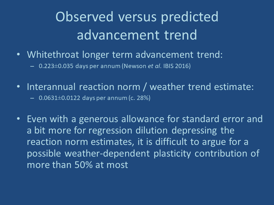 markeddowes's tweet photo. 5 #BOUsci23 #BREAK2 Even allowing for standard error and under-estimation of reaction norms by invoking regression dilution, I couldn’t really say that these weather-related phenomena might possibly account for more than about half of the observed recent advancement trend.l https://t.co/7iY1rHozHI